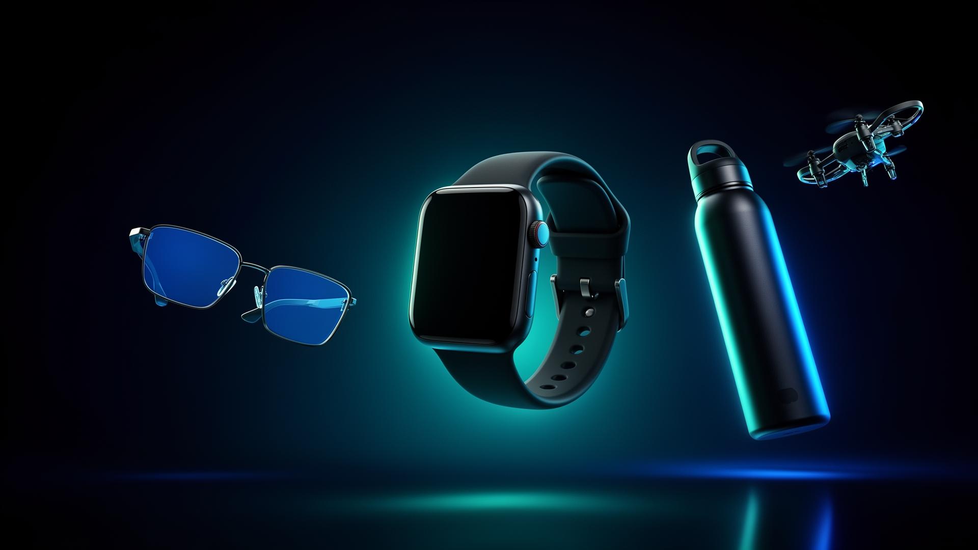 Premium tech gadgets — smartwatch, blue-light glasses, smart bottle and drone